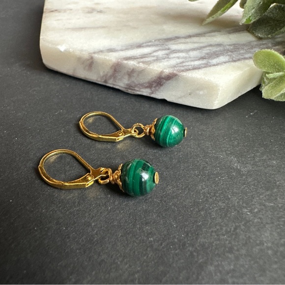 Malachite Earrings Dangle/Drop Green Stone Lever back Crystal Earrings - Picture 3 of 6